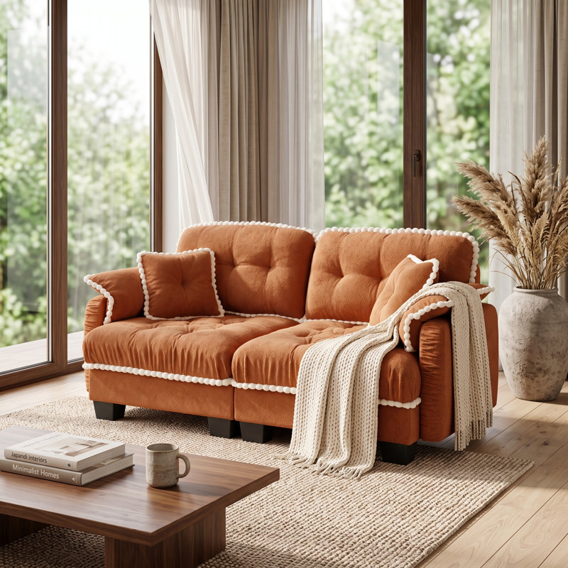 Canapé nuage orange 2 places en chenille avec 2 poufs amovibles, coussins capitonnés et finitions à pompons, 2 Seat+2 Ottoman