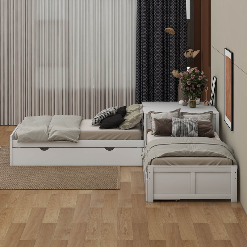 Lit plateforme simple en L avec lit gigogne, bureau et tiroirs, Blanc
