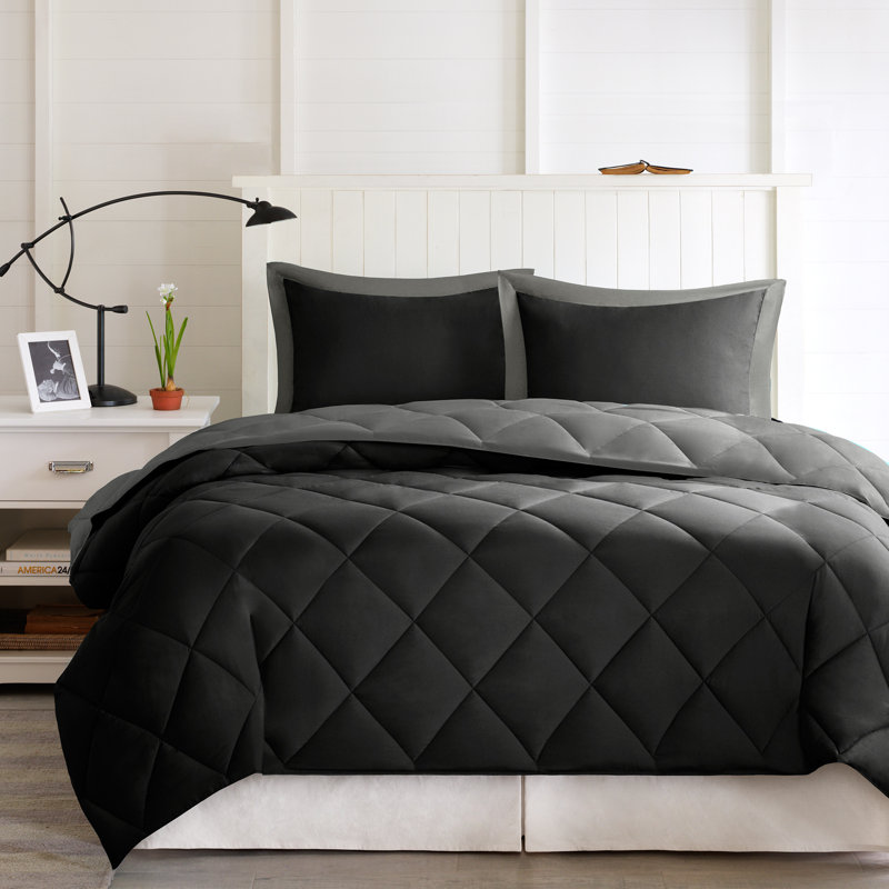 Larkspur 3M Scotchgard Reversible Down Alt Comforter Set, Black/Gray, Full/Queen Comforter + 2 Standard Shams