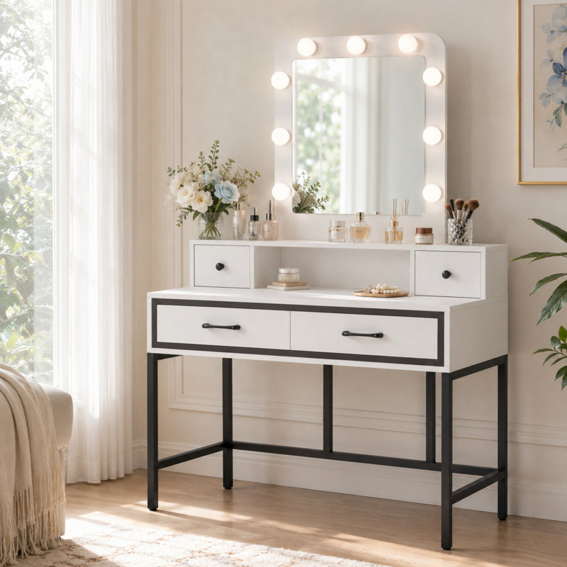 Bureau de coiffeuse 39,37 "avec miroir lumineux et 4 tiroirs, White