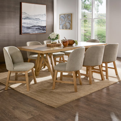 Cipolla 72"-90" Wood Finish Extendable Dining Set - Dining Table With Leaf And Taupe Fabric Curved Back Chairs