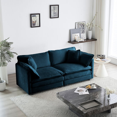Canapé bleu en chenille pour le salon, 2 avec 4 coussins, fabrication en bois, revêtement confortable dans la chambre, structure solide à 2 sièges, style élégant