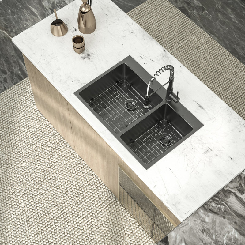 Évier de cuisine à double cuve en acier inoxydable avec grille d'évier et crépine L 33 po x l 22 po