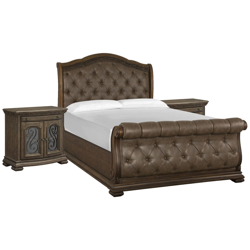 Grand lit-bateau tapissier 2 commodes et commode avec miroir, Beige, 5 Pcs: Bed, 2 Nightstands, Dresser, Mirror, Queen