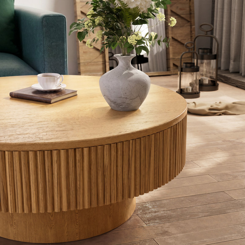 Table basse ronde 35 po fabriquée à la main en bois massif, Naturel, H 13 po x L 31 po x l 31 po