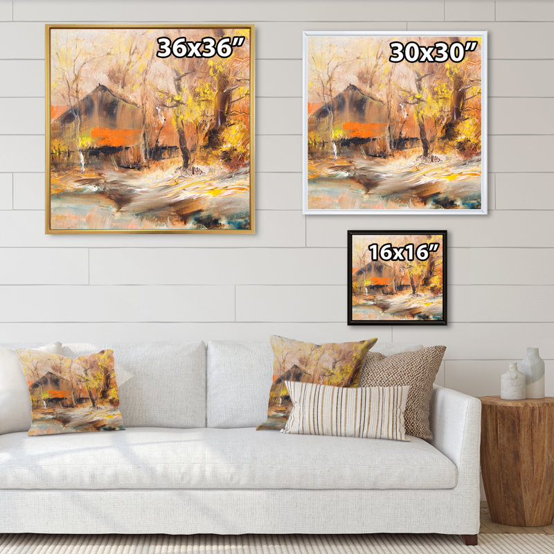 Paysage d'automne à la ferme - œuvre d'art sur toile, H 36 po x l 36 po x P 1,5 po, Cadre flottant noir