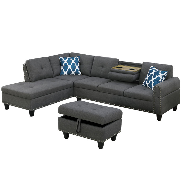 Gris foncé, en forme de L, 3 sièges, expériences de jeu et de cinéma, console porte-gobelet, coussins décoratifs, rangement, accoudoirs arrondis, dossier, ressorts attachés à la main à huit voies, canapé modulaire en lin gris anthracite avec tasse