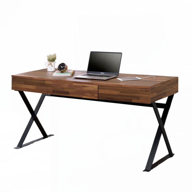 Bureau d'ordinateur industriel avec trois tiroirs de rangement USB et prise de courant, pieds X-Cross noirs