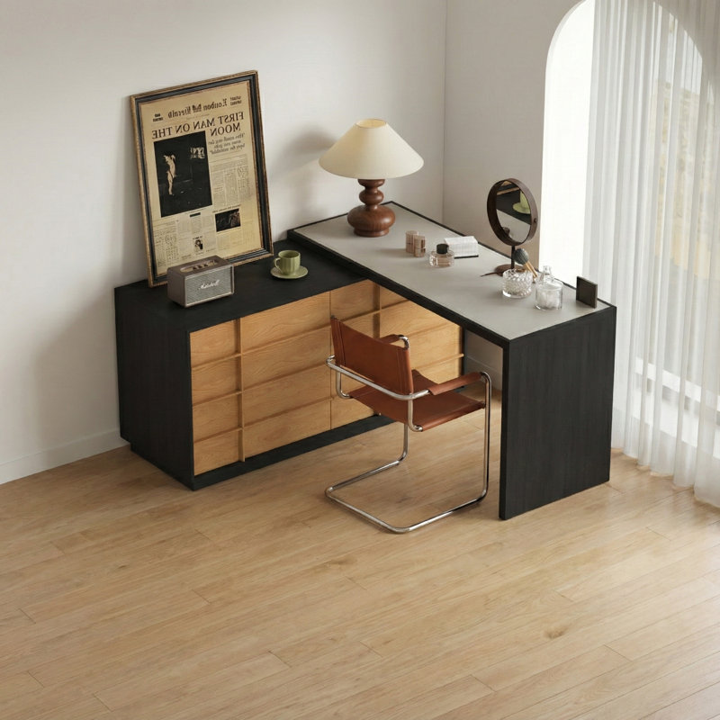 Bureau de coiffeuse extensible avec armoire de rangement en bois, plateau en cuir et 6 tiroirs