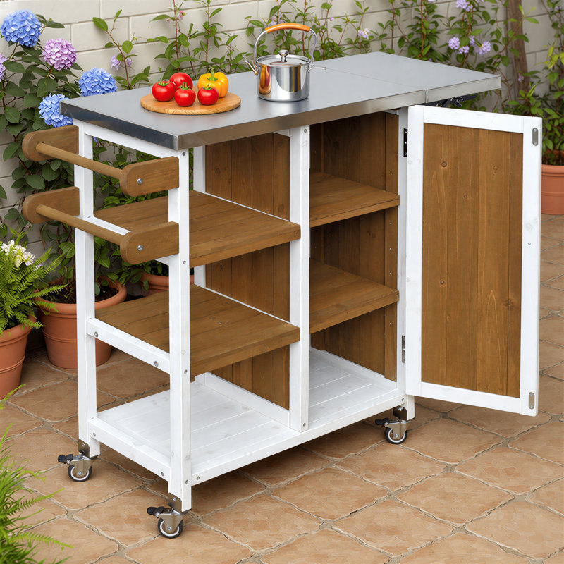 Chariot d'îlot de cuisine pliable pour l'extérieur avec roulettes verrouillables, armoire de rangement et porte-serviettes