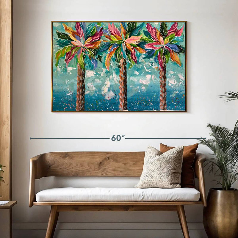 Palmiers colorés, 13 po x 9 po, Cadre flottant doré