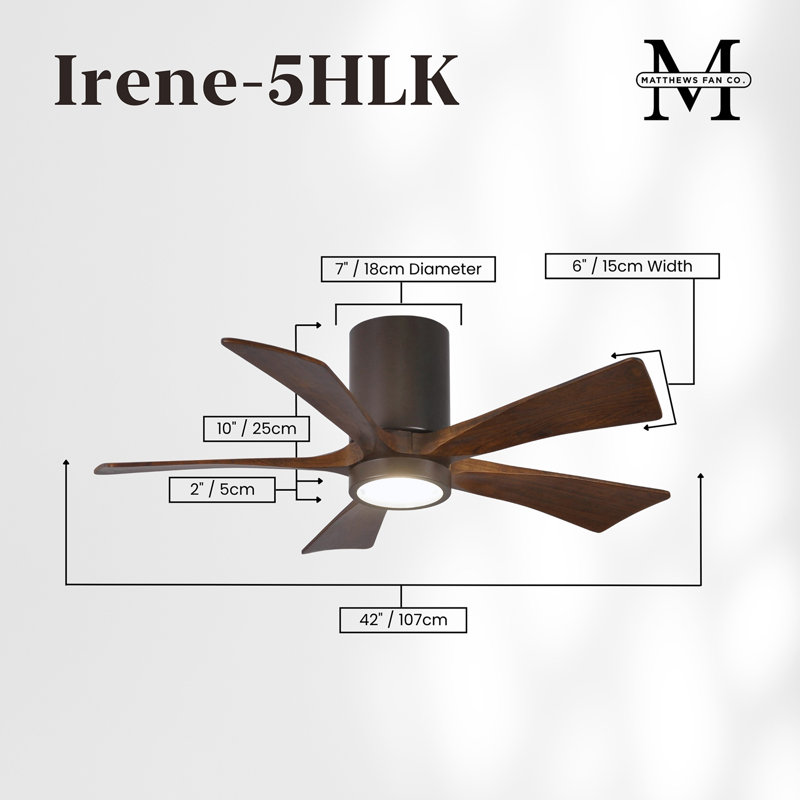 Irene Flushmount Light Kit 5 Blade LED Ceiling Fan, Textured Bronze, 42", Walnut Tone