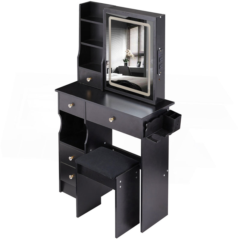 Petit meuble-lavabo de 29,2 po avec tiroir à gauche + tabouret rembourré, 2 blocs d'alimentation CA + 2 ports USB, support pour sèche-cheveux, très grand miroir coulissant à commande tactile à DEL, réglage de la luminosité tricolore, réglage de la luminosité
