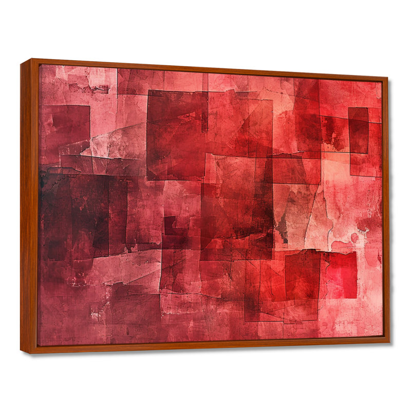 Cubist Red Secrets - Abstract Collages, art mural, Toile avec cadre flottant brun, H 12 po x l 20 po x P 1 po