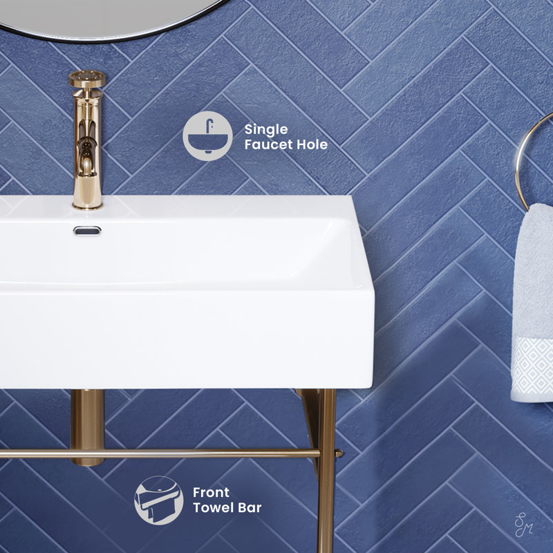 Claire 30" Ceramic Console Sink White Basin, White/Gold
