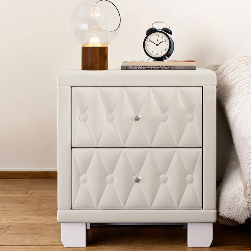 Élégante table de chevet en velours avec 2 tiroirs et poignée en cristal, table de chevet avec capitonnage, Beige