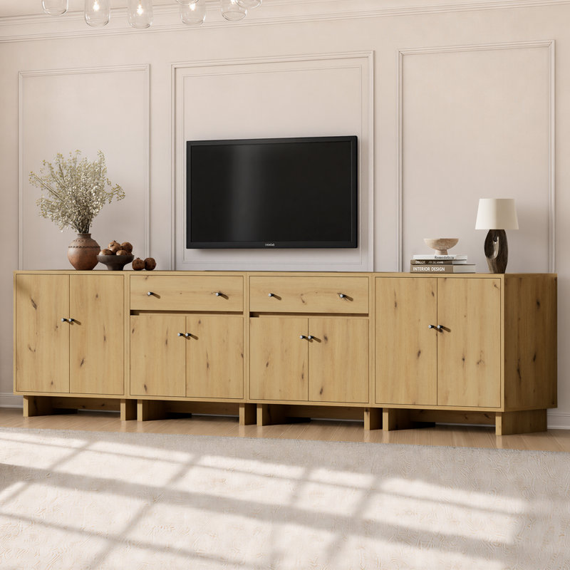 Ensemble de rangement modulaire Almaguer 4 pièces avec 2 tiroirs, 8 portes, tablettes réglables et fini chêne naturel.
