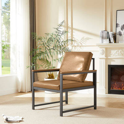 Fauteuil artificiel, fauteuil d'appoint de loisirs rétro avec coussin et coussin extra doux, accoudoirs en métal, fauteuil de lecture moderne avec structure en métal noir pour le salon / bureau / chambre à coucher / bureau