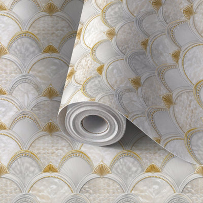 Papier de contact à peler et coller papier peint écailles de poisson sans couture, peau de mère, perle, 3D, auto-adhésif et amovible 24 po x 118 po (60 x 300 cm)