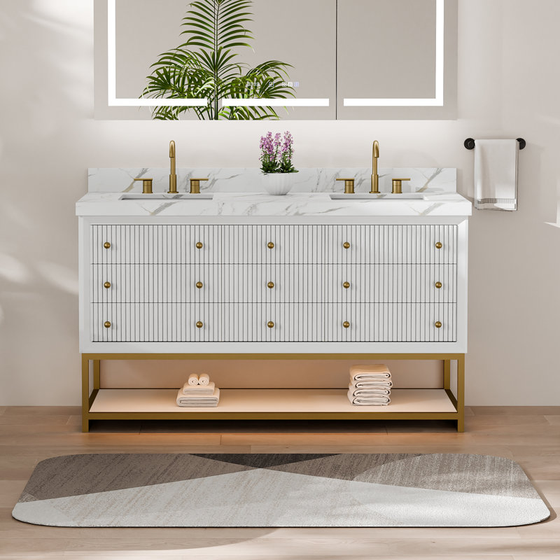 Ensemble de meuble-lavabo autoportant 60 po avec base à DEL 60 po, plateau en marbre de culture, accents dorés brossés et armoire en chêne massif 60 po