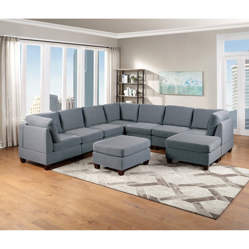 Canapé modulaire moderne gris 9 pièces avec tissu en lin, repose-pieds et repose-pieds