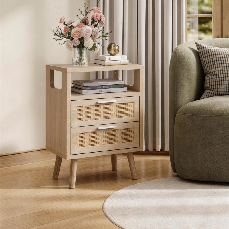 Ensemble de 2 tables de chevet avec 2 tiroirs et rangement moderne avec poignées, ensemble de 2 tables de bout en bois et bois naturel
