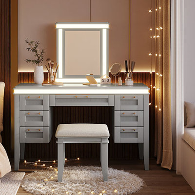 48" Vanity Desk with Mirror and Lights, Makeup Vanity with 7 Drawers and Cushioned Stool, Classic Grey Finish Dressing Table with Hollow Design Drawer