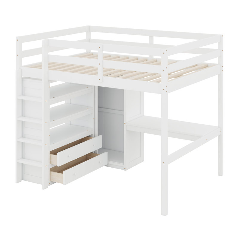 Wood Loft Bed With Built-In Wardrobe, Desk, Storage Shelves And Drawers, White