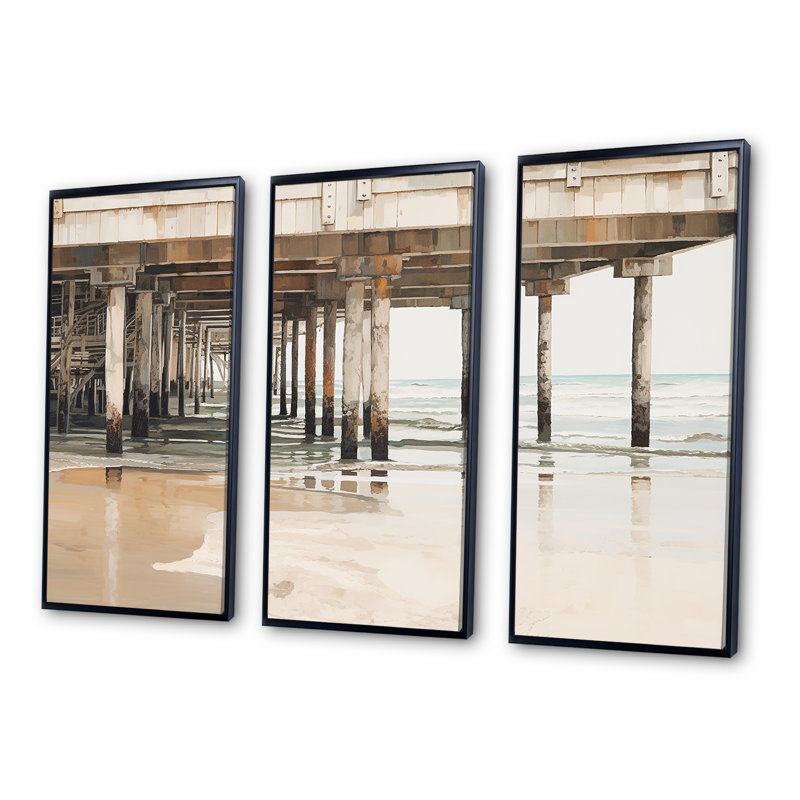 Ensemble de salon Minimalisme, jetée beige Horizon I - Coastal Pier, Cadre flottant noir, H 32 po x l 48 po x P 1 po