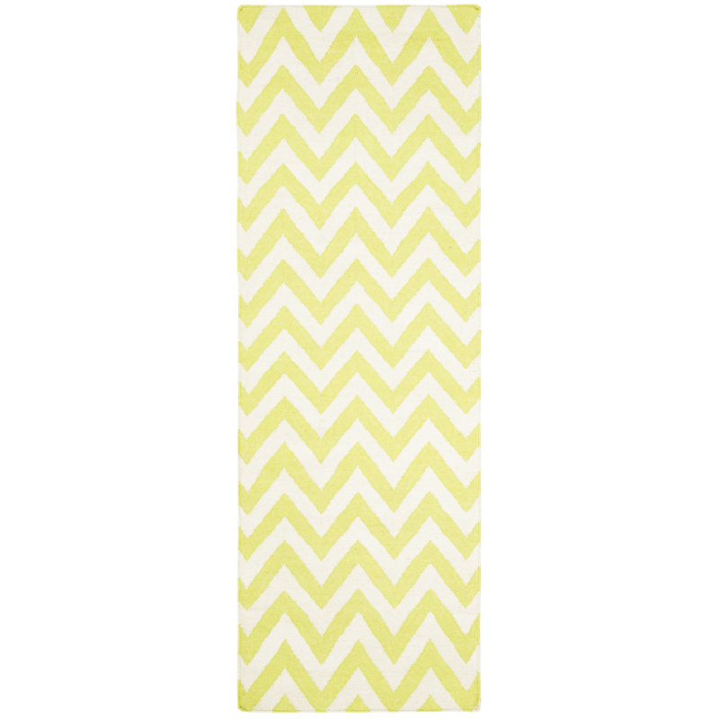 Dhurries Hand Woven Flat Weave Wool/Cotton Chevron Rug in Green/Ivory, Runner 2'6" x 8'