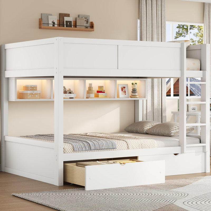 Full XL over Full XL Bunk Bed with Storage Cabinets, 2 Drawers & LED Light, Brown, White