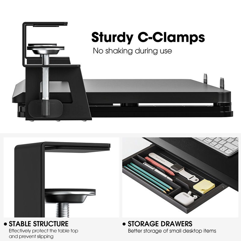 Keyboard Tray Under Desk, Pull Out Keyboard & Mouse Tray with C Clamp Mount, Sliding Keyboard Holder for Desk, 11.8 inch Large Slide-Out Platform Computer Drawer for Typing