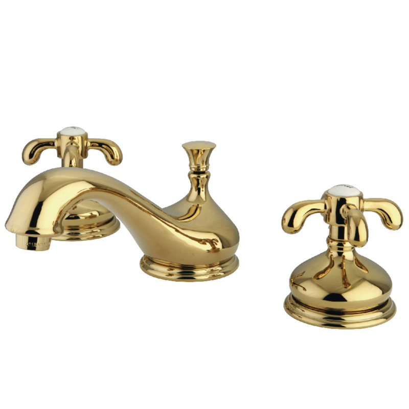 Kingston Brass French Country Two-Handle 3-Hole Deck Mount Widespread Bathroom Faucet with Brass Pop-Up Drain, Polished Brass