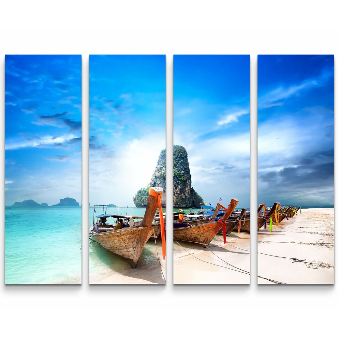 4-tlg. Leinwandbilder-Set Paradiesischer Sandstrand mit Booten - Thailand