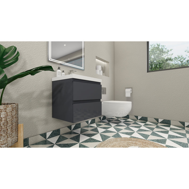 Ensemble de meuble-lavabo simple 24 po Hridhaan, Gris à haute brillance