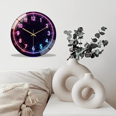 12-Inch Silent Tempered Glass Wall Clock, " LED Neon Wall Clock with Colorful Light Display ” Silent Non-Ticking Clock, Battery Operated (AA Batteries Not Included), Artistic Home Decor