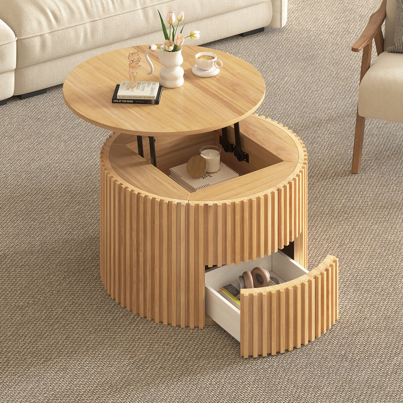 VIBE HAUS Round Lift Top Coffee Table, Modern Fluted Wood Accent Coffee Table with Hidden Storage for Living Room