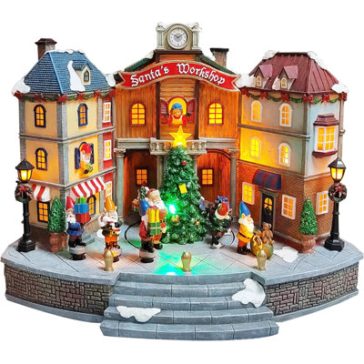 10.83"H Animated Santa's Workshop Town (Moving Tree) - LED, 8 Music, Adapter - Hand-Painted Resin
