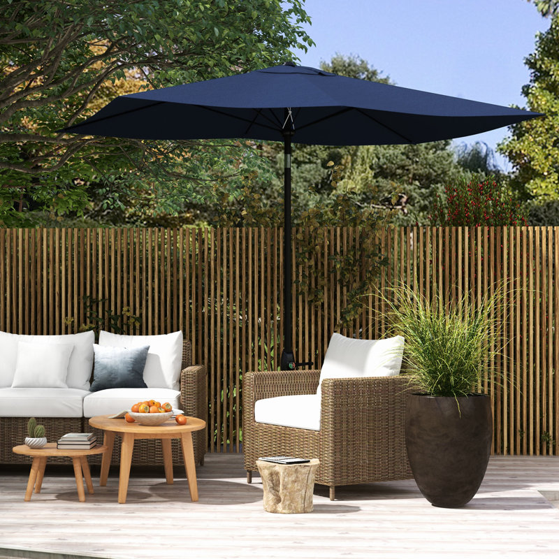 Parasol d'extérieur bleu rectangulaire de 6,5 pi x 10 pi, parasol de table de patio avec manivelle polyvalente, inclinaison à bouton-poussoir et protection 50+ de 10 pi, grand mécanisme et couverture faciles