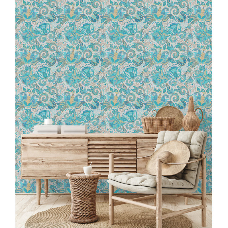 Light Blue Boho Style Wallpaper V1001, 10.4" W x 25" L, Paper
