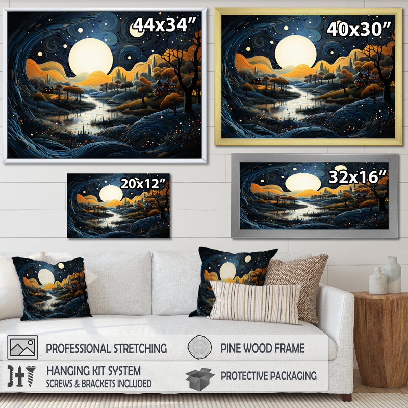 River Pointillism Charm At Night V sur impression sur toile, H 12 po x l 20 po x P 1 po, Cadre doré à une seule photo
