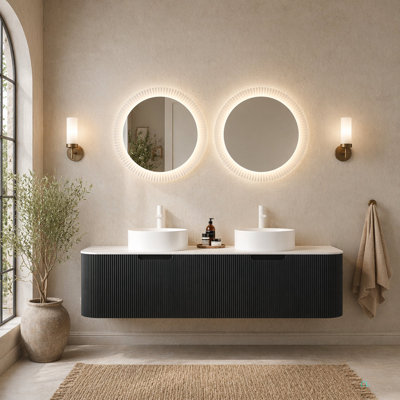 Meuble-lavabo de 60 po avec lavabos, armoire de rangement murale rayée à bords arrondis avec 2 tiroirs, 2 lavabos ronds en céramique, sans robinet, pré-assemblé
