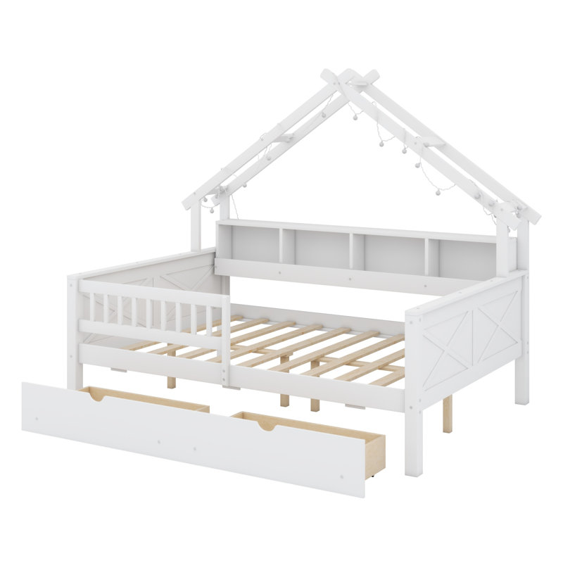 Lits plateforme en bois avec DEL, tablettes de rangement, tiroirs et garde-corps, Blanc