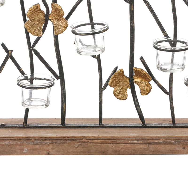 18.3'' Rustic Metal Branch Candle Holder with Butterfly Accents and 8 Glass Votive Cups