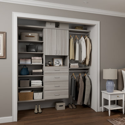 Grey Oak 106.5" Wall-Mounted Single Wall Closet System with 3 Sections, Slab Doors, 2 Clothing Rods, 10 Shelves & 4 Slab Drawers