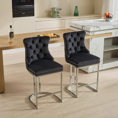 25" Counter Height Bar Stools Set Of 2, Modern Velvet Barstools With Button Back&Rivet Trim Upholstered Kitchen Island Chairs With Sturdy Chromed Metal Base Legs Farmhouse Bar Stools, (,2 Pack)