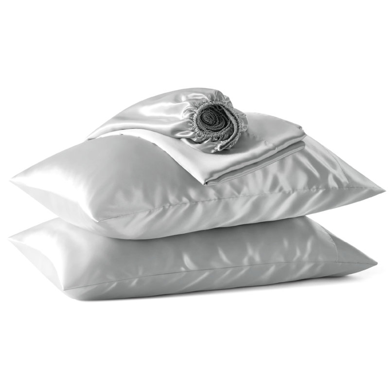 Bedsure Satin Sheets King Size–4 Piece Silky Bed Set, 15" Deep Pocket Fitted Sheet, Flat Sheet & 2 Pillowcases, Buttery-Smooth, Good for Hair & Skin (Silver Gray)