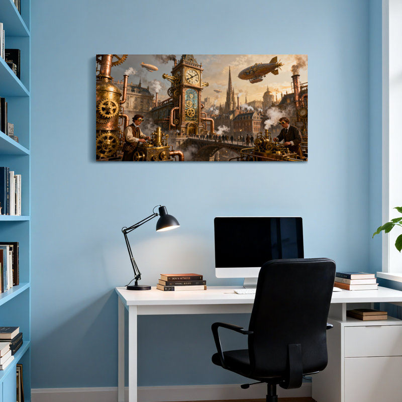 Paysage urbain fantaisiste et sci-fi Steampunk avec tour de l'horloge et dirigeables, H 16 po x l 32 po