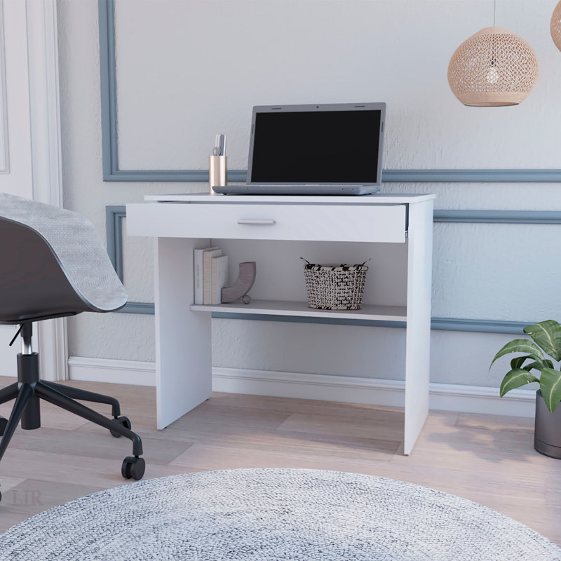 White Storage Desk With Drawer And Shelf, For Organized Workspaces And Efficient Home Offices., White