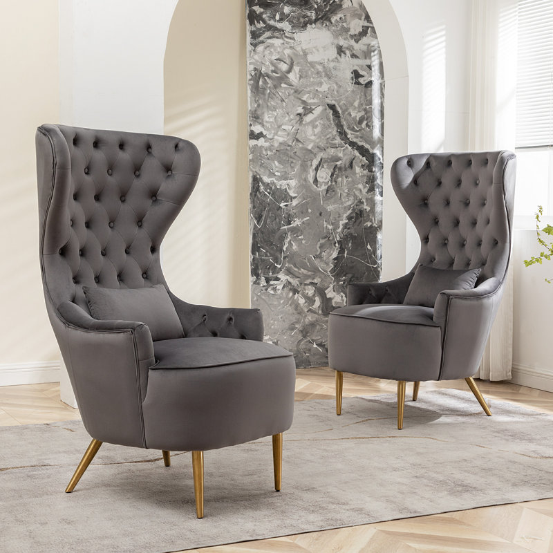 Flaxville Tufted Wingback Chair (Set of 2), Gray Velvet